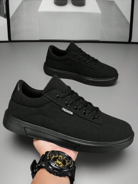 Men's Lace-Up Front Fashionable Versatile Casual Shoes, Classic All-Black Lightweight Comfortable Sneakers With Minimalist Style And Solid Color For Running