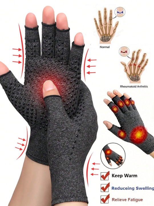 1 Pair Unisex Arthritis Gloves Grey Fingerless Gloves Warm Elastic Knit Gloves For Women & Men