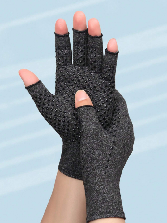 1 Pair Unisex Arthritis Gloves Grey Fingerless Gloves Warm Elastic Knit Gloves For Women & Men