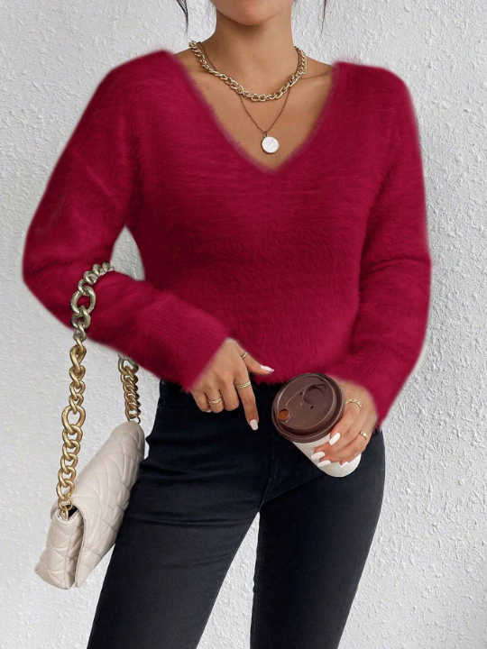 Essnce Solid Color V-Neck Sweater Pullover