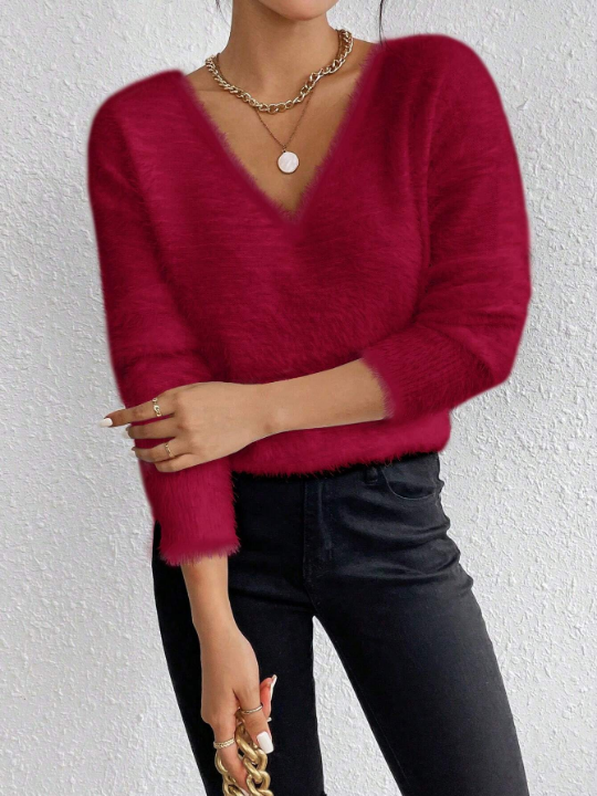 Essnce Solid Color V-Neck Sweater Pullover