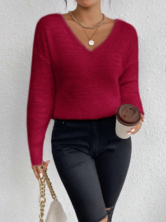 Essnce Solid Color V-Neck Sweater Pullover