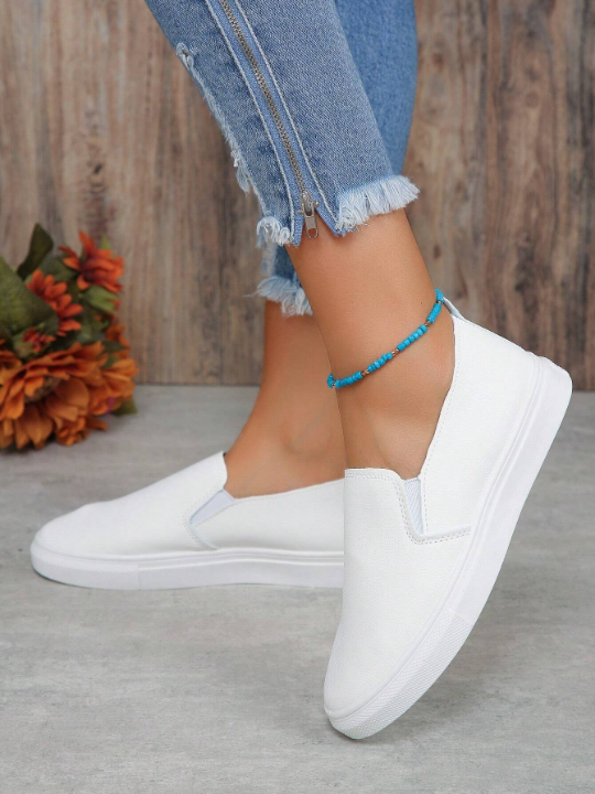 Women's Fashionable Comfortable White Round Toe Slip-On Flat Casual Sports Shoes