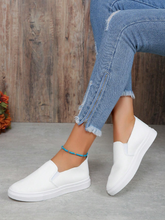 Women's Fashionable Comfortable White Round Toe Slip-On Flat Casual Sports Shoes