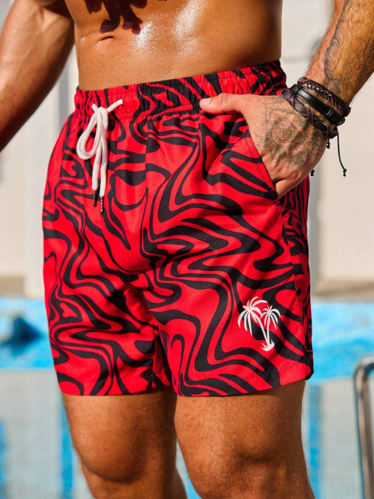 Manfinity Swimmode Men'S Abstract Fluid Print Drawstring Beach Shorts