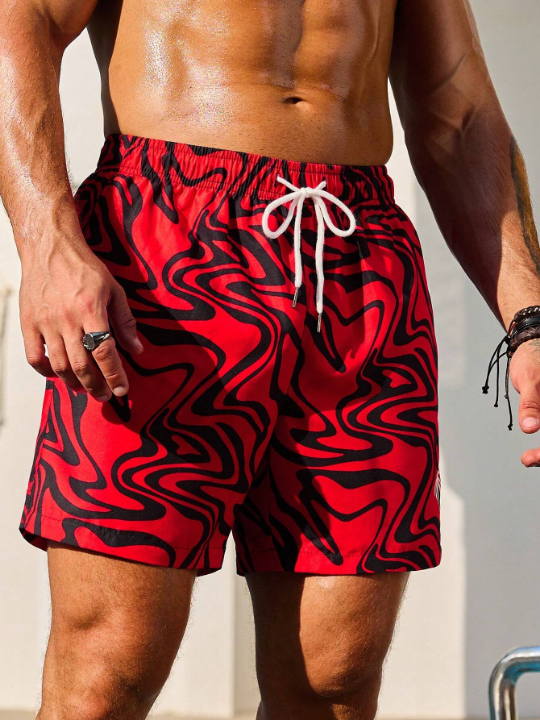 Manfinity Swimmode Men'S Abstract Fluid Print Drawstring Beach Shorts
