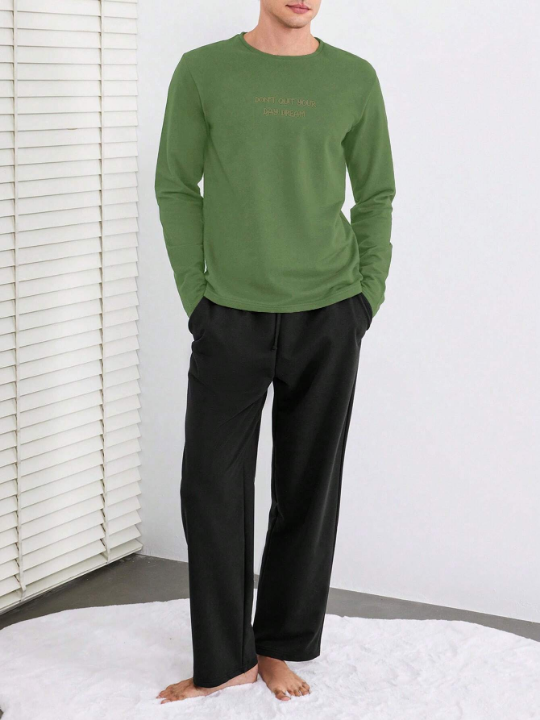 Cottnline Men's Letter Print Long Sleeve Long Pants Homewear Set