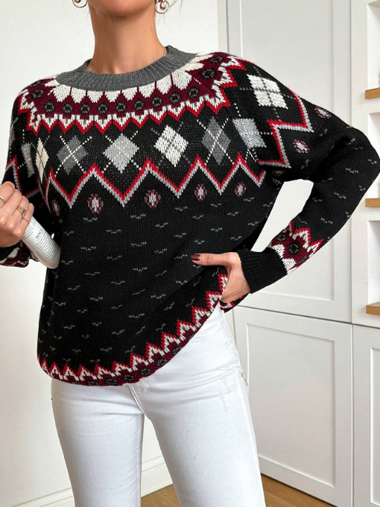 Women's Geometric Pattern Raglan Long Sleeve Sweater