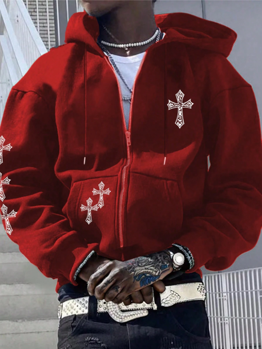 Manfinity LEGND Men's Loose Fit Cross Print Hoodie With Drawstring And Zipper