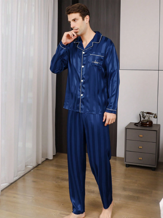 2pcs/Set Men's Ice Silk Striped Sleepwear With Embroidered Letter, Spring/Autumn Homewear