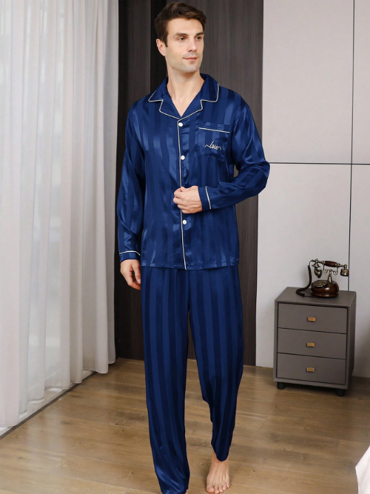 2pcs/Set Men's Ice Silk Striped Sleepwear With Embroidered Letter, Spring/Autumn Homewear