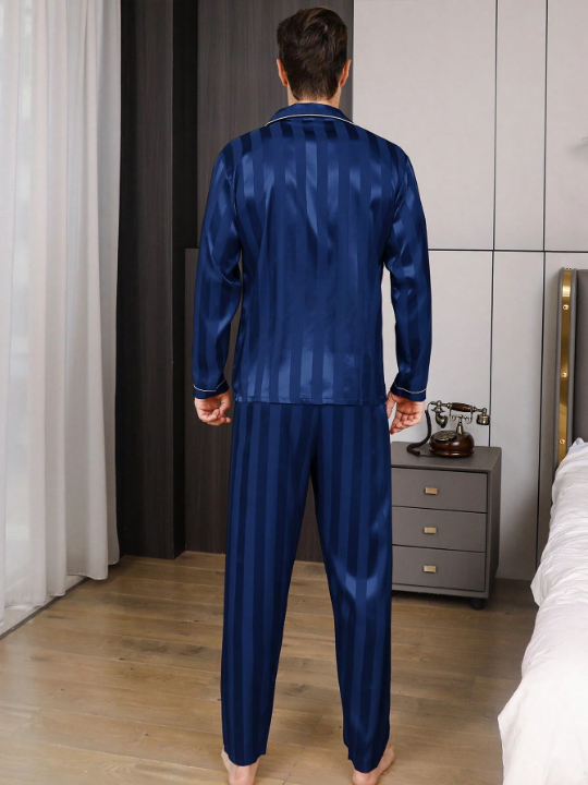 2pcs/Set Men's Ice Silk Striped Sleepwear With Embroidered Letter, Spring/Autumn Homewear