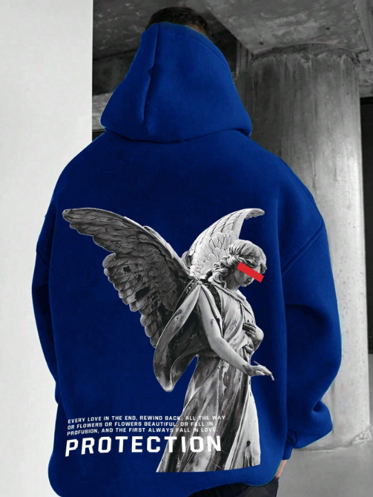 Manfinity EMRG Loose Fit Men's Sculpture Slogan Print Drawstring Hooded Fleece Sweatshirt