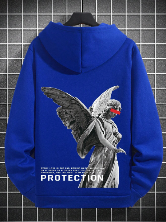 Manfinity EMRG Loose Fit Men's Sculpture Slogan Print Drawstring Hooded Fleece Sweatshirt