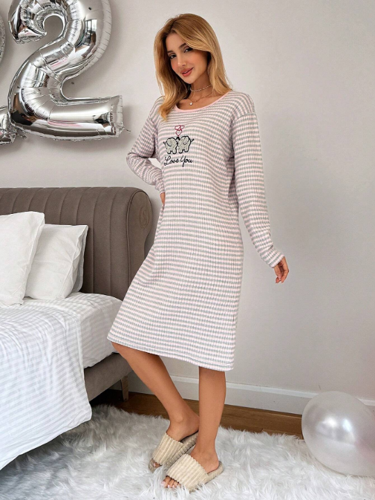 Cottnline Cartoon Patterned Long Sleeve Leisure Sleep Dress