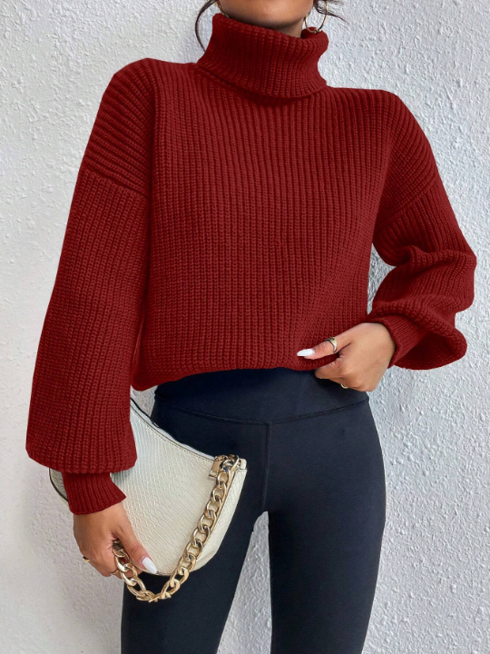 Frenchy Solid Color Turtleneck Drop Shoulder Sweater