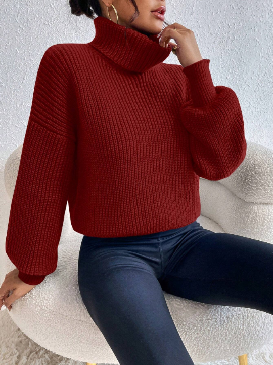 Frenchy Solid Color Turtleneck Drop Shoulder Sweater