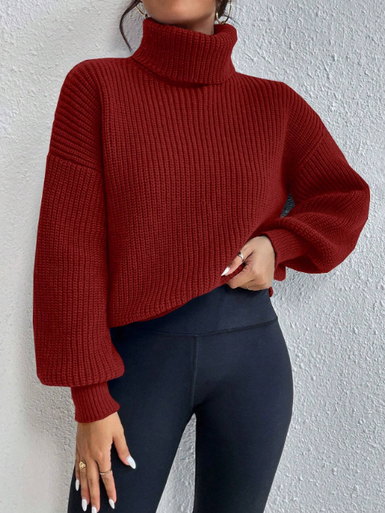 Frenchy Solid Color Turtleneck Drop Shoulder Sweater