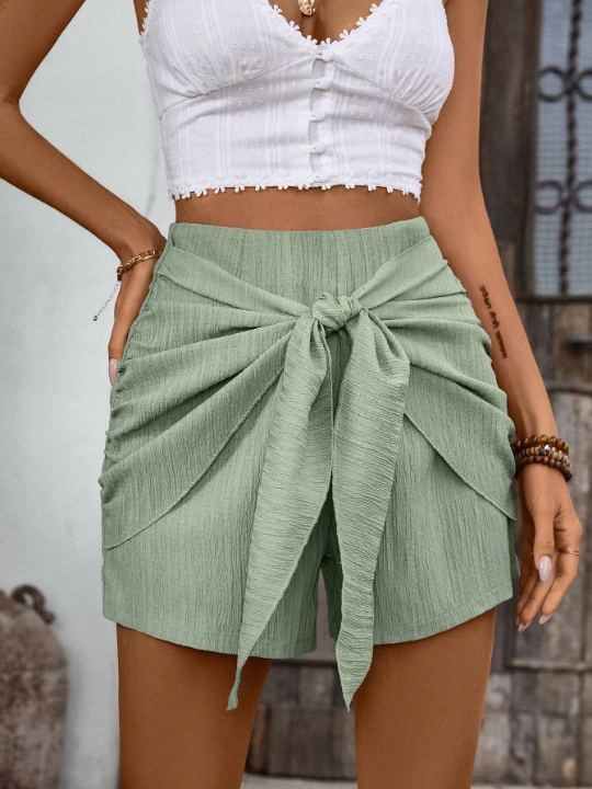 VCAY Ladies' Solid Color Wrap Tie Shorts