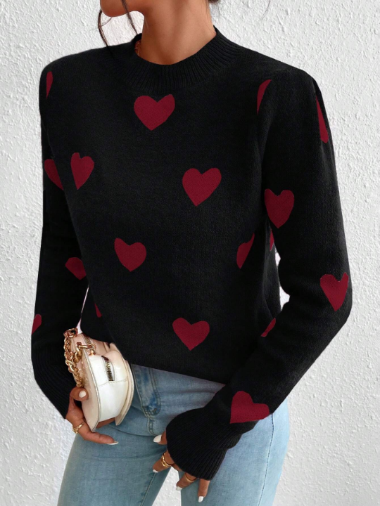 Essnce Heart Patterned Pullover Sweater With Long Sleeve