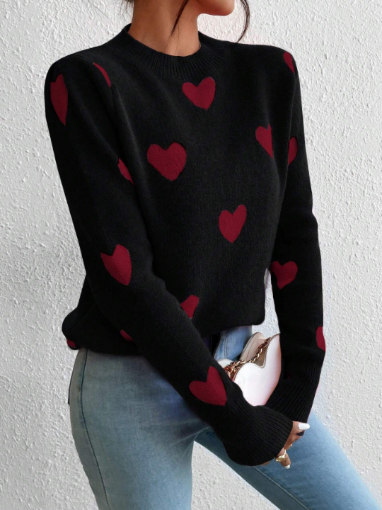 Essnce Heart Patterned Pullover Sweater With Long Sleeve