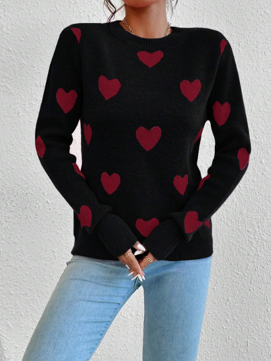 Essnce Heart Patterned Pullover Sweater With Long Sleeve