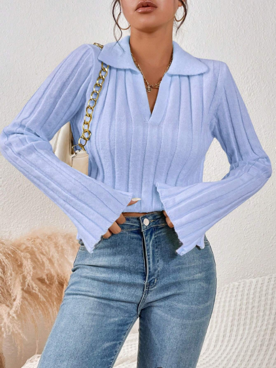 Essnce V-Neck Bell Sleeve Pullover Sweater