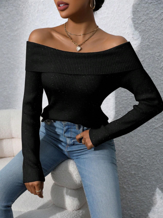 Priv Women's One Shoulder Ribbed Knit Long Sleeve Sweater