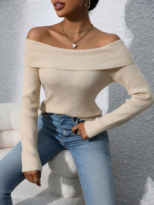 Priv Foldover Off Shoulder Ribbed Knit Sweater