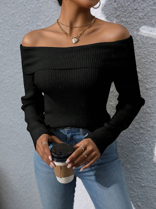 Priv Women's One Shoulder Ribbed Knit Long Sleeve Sweater