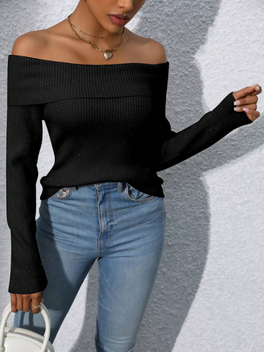 Priv Women's One Shoulder Ribbed Knit Long Sleeve Sweater