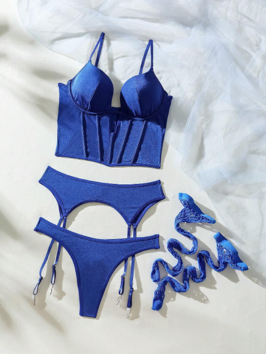 Solid Cut Out Garter Lingerie Set With 1pair Stocking