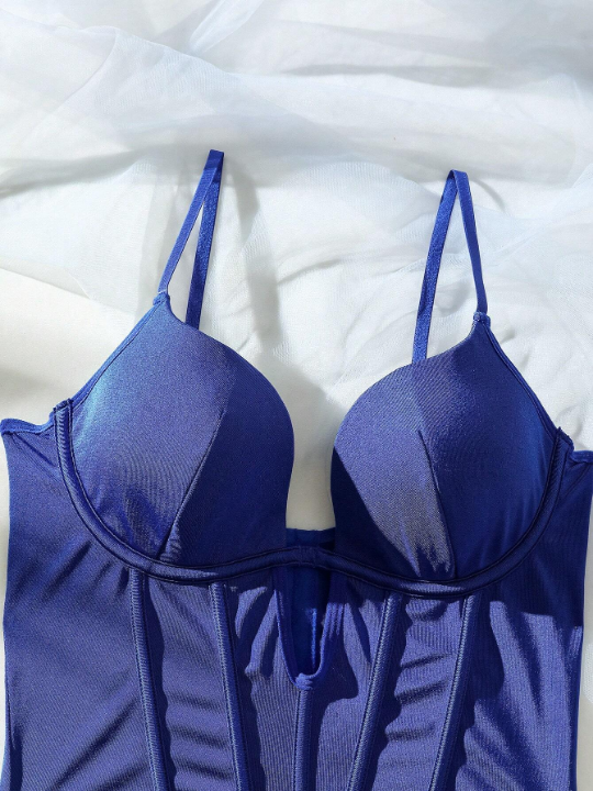 Solid Cut Out Garter Lingerie Set With 1pair Stocking