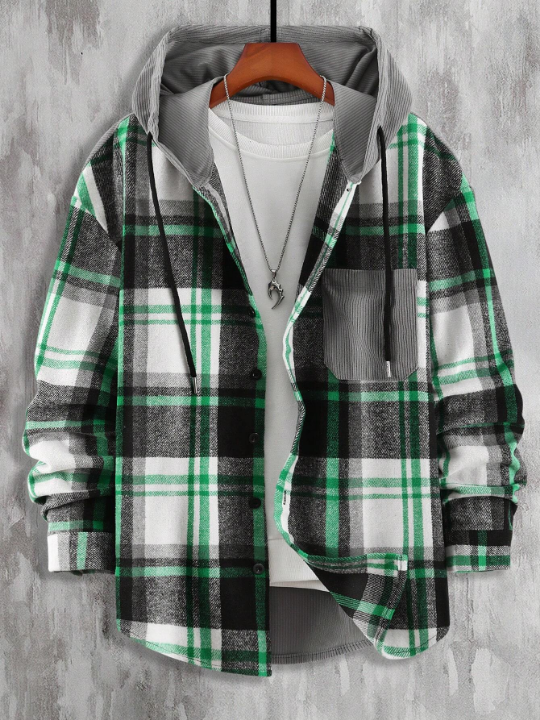 Manfinity Hypemode Loose Men's Hooded Checked Contrast Color Drawstring Overcoat