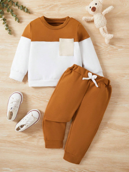 Baby Boy Colorblock Round Neck Long Sleeve Sweatshirt And Pants Outfit