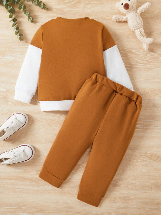 Baby Boy Colorblock Round Neck Long Sleeve Sweatshirt And Pants Outfit