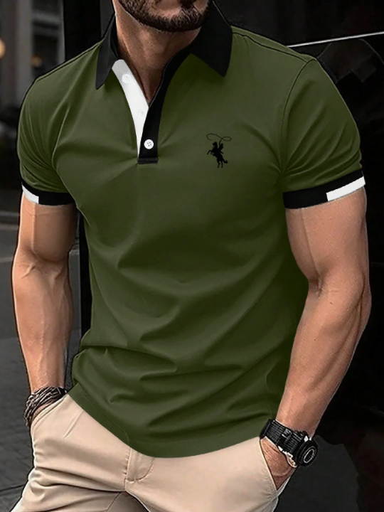 Manfinity Mode Men's Contrast Color Printed Polo Shirt With Horse Riding Pattern