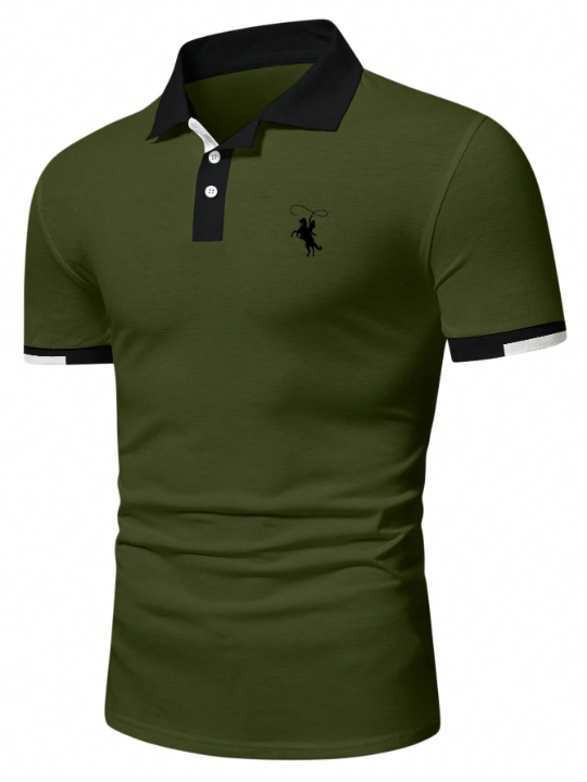 Manfinity Mode Men's Contrast Color Printed Polo Shirt With Horse Riding Pattern