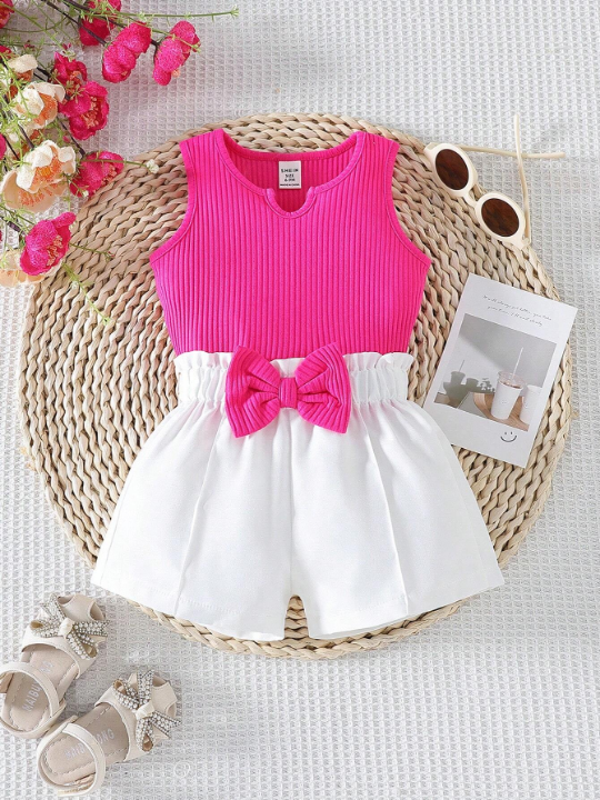 Baby Girl's Solid Color Vest And Shorts Set