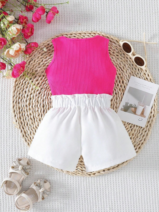 Baby Girl's Solid Color Vest And Shorts Set