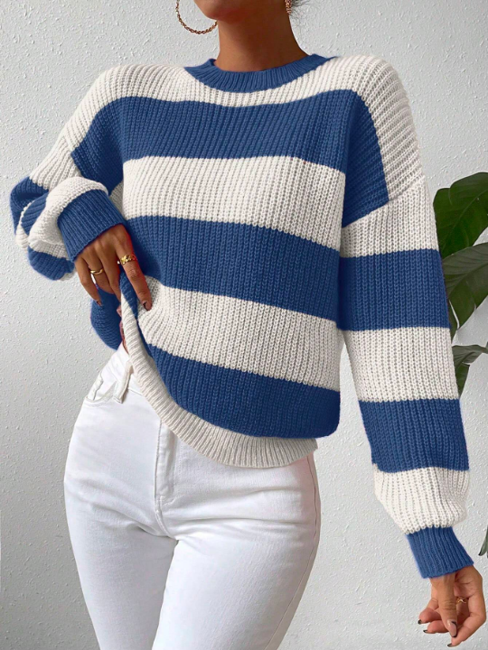 Essnce Contrasting Stripe Long Sleeve Pullover Sweater