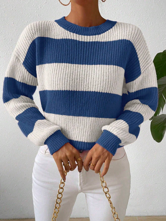 Essnce Contrasting Stripe Long Sleeve Pullover Sweater