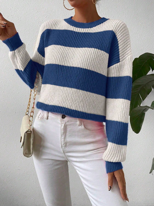 Essnce Contrasting Stripe Long Sleeve Pullover Sweater