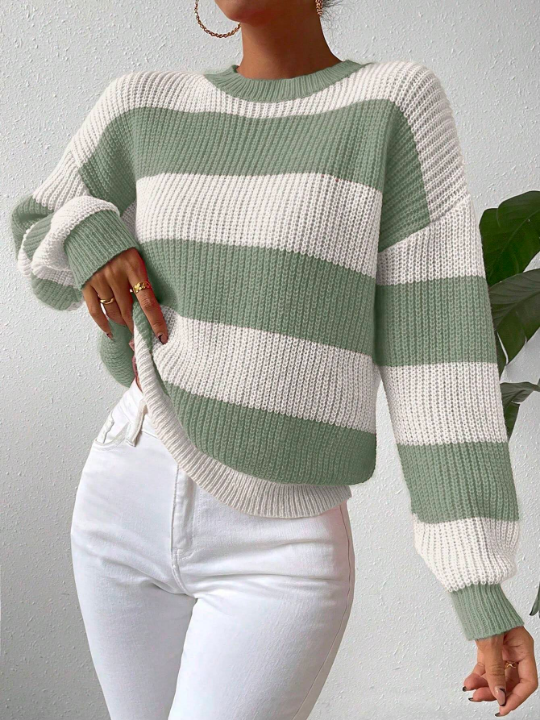 Essnce Color-Block Striped Long Sleeve Pullover Sweater