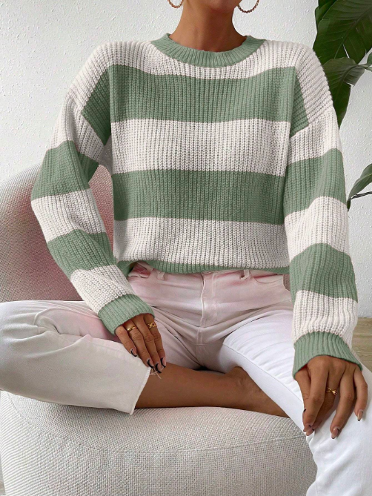 Essnce Color-Block Striped Long Sleeve Pullover Sweater