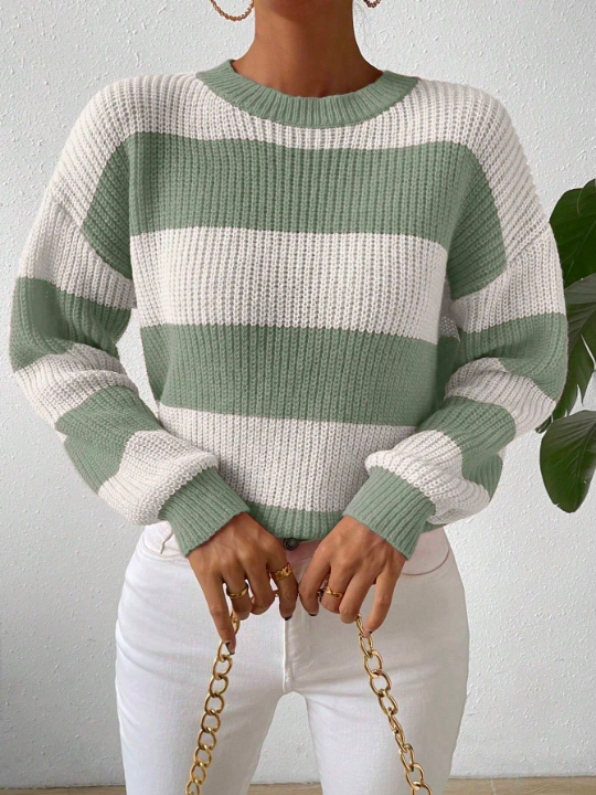 Essnce Color-Block Striped Long Sleeve Pullover Sweater