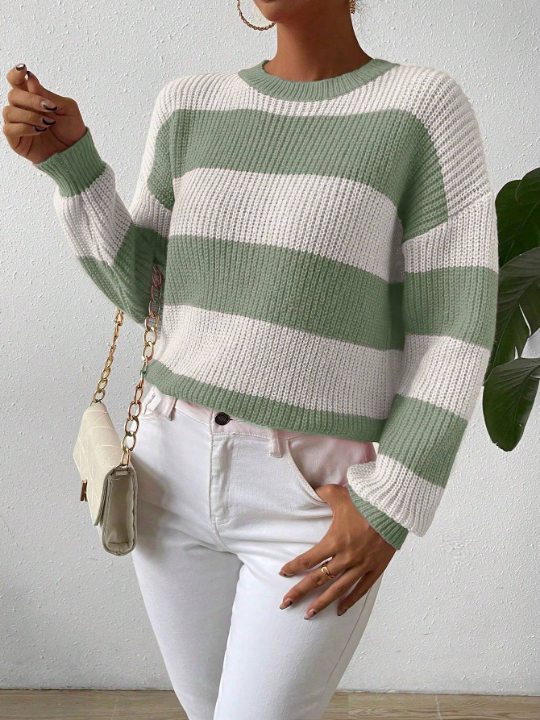 Essnce Color-Block Striped Long Sleeve Pullover Sweater