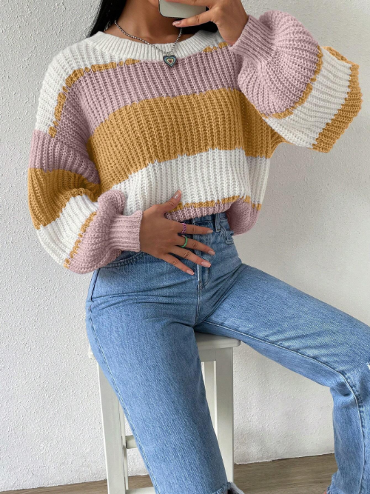 Essnce Women's Color Block Drop Shoulder Sweater