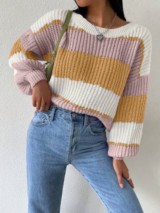 Essnce Women's Color Block Drop Shoulder Sweater