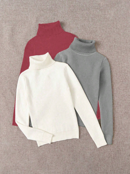 Essnce 3pcs Solid High Neck Long Sleeve Basic Brushed Fleece Lined Sweater